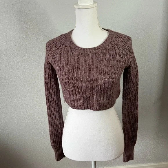 Kimchi Blue Purple Long Sleeve Cable Knit Flowy Cropped Sweater - Picture 1 of 6